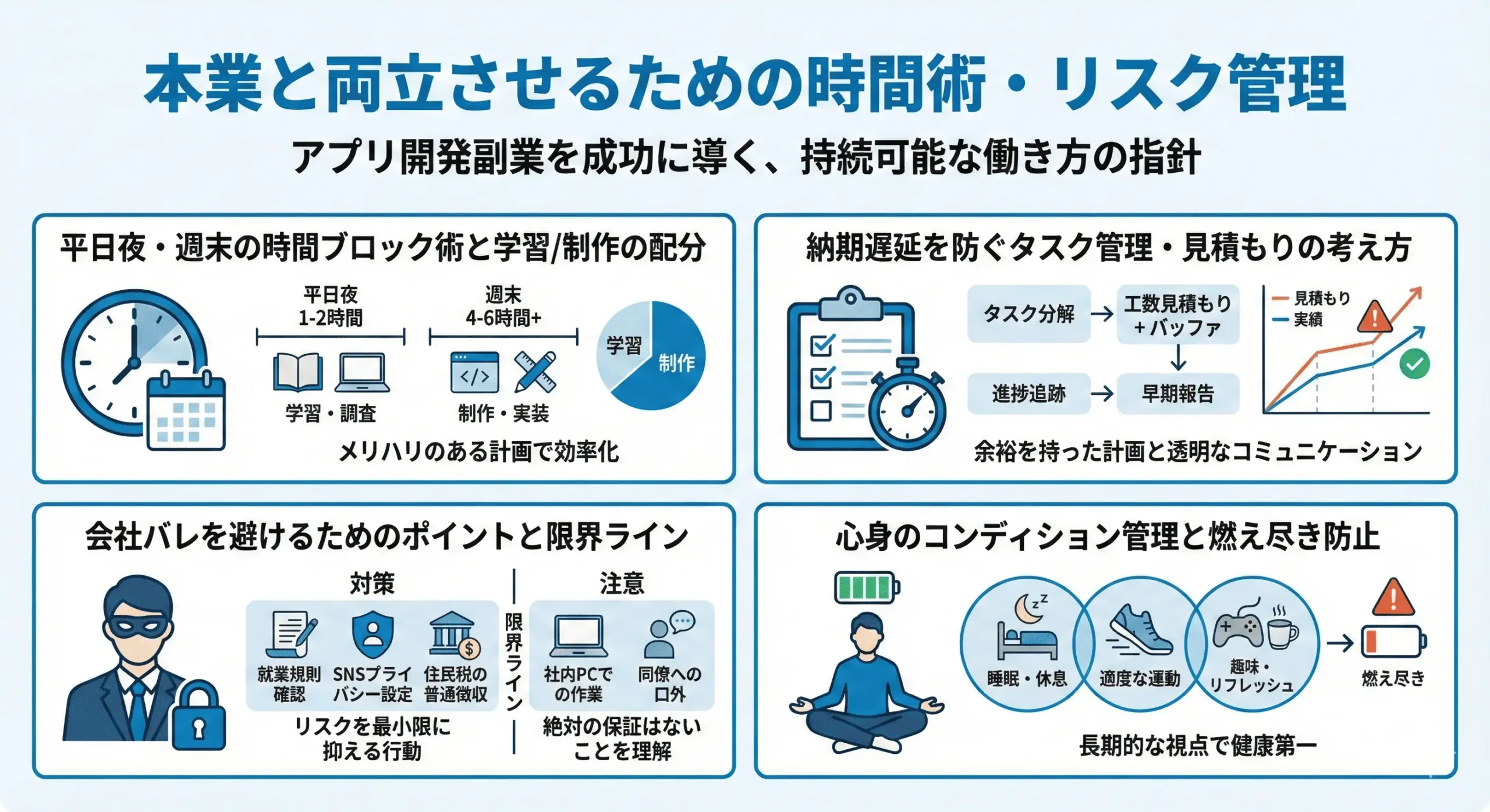 本業と両立させるための時間術・リスク管理インフォグラフィックス